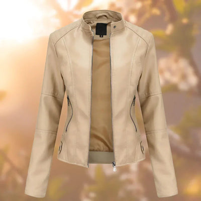 Marlene | Slim fit dames bikerjack van imitatieleer met opstaande kraag