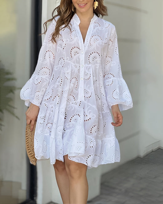 Hannah | Witte dames blousejurk met broderie en lange mouwen