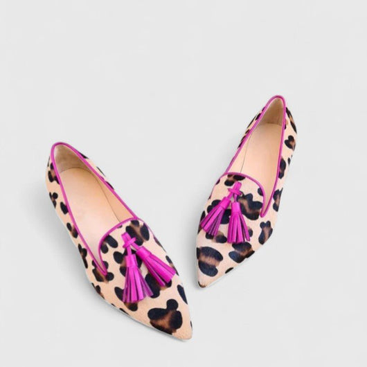 Hannah | Dames platte loafers met spitse neus, luipaardprint en kwastjes