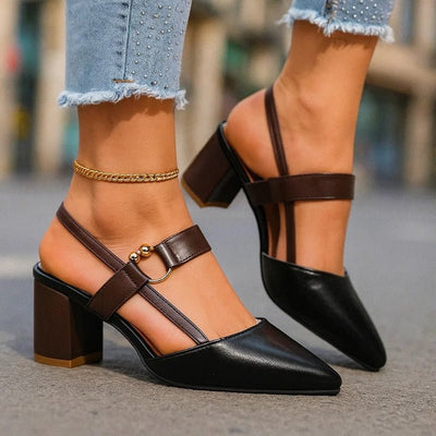 Nora | Dames pumps met spitse neus, T-band en blokhak