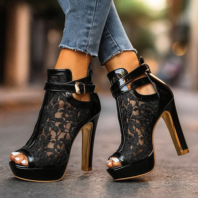 Greta | Dames stiletto enkellaarsjes van kant met peeptoe en enkelbandje