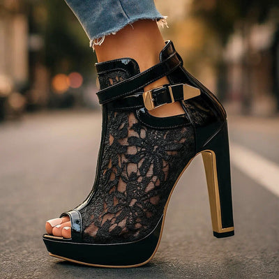 Greta | Dames stiletto enkellaarsjes van kant met peeptoe en enkelbandje