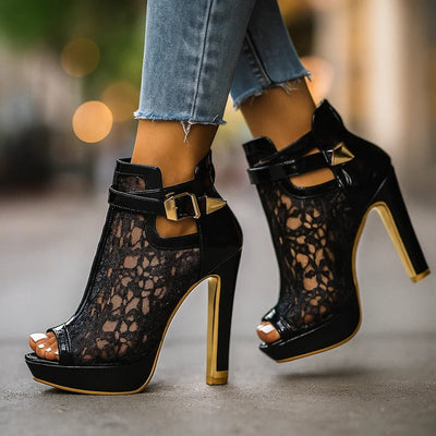 Greta | Dames stiletto enkellaarsjes van kant met peeptoe en enkelbandje