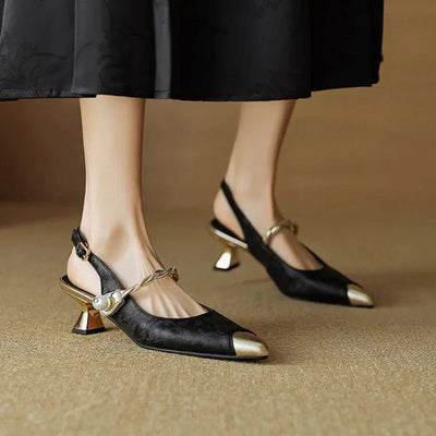 Amelie | Dames slingback pumps met kitten heel, jacquard en parelbandje