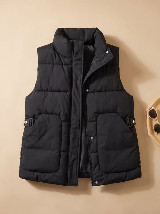 Marlene | Gewatteerde dames bodywarmer met hoge opstaande kraag en klepzakken