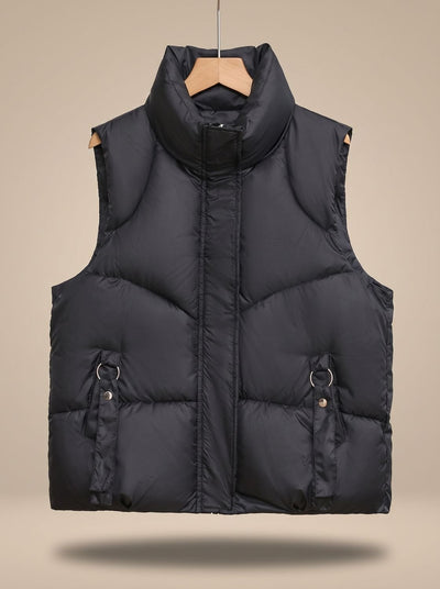 Nora | Gewatteerde dames bodywarmer met hoge opstaande kraag en sierbandjes