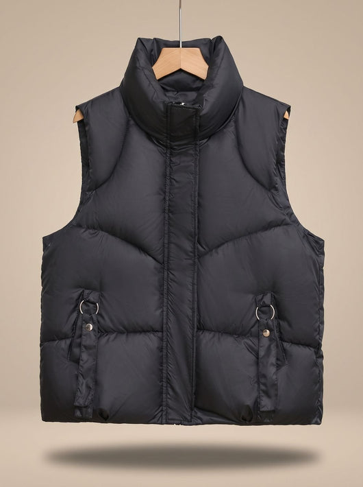 Nora | Gewatteerde dames bodywarmer met hoge opstaande kraag en sierbandjes