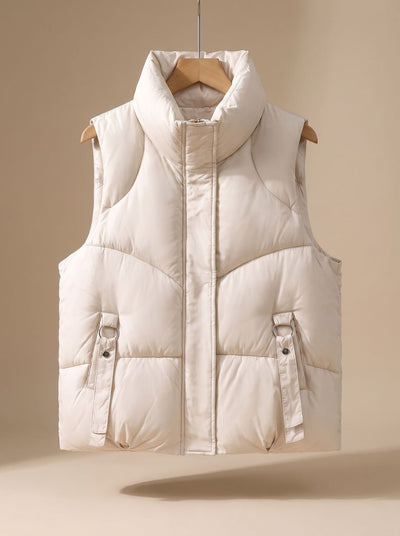 Nora | Gewatteerde dames bodywarmer met hoge opstaande kraag en sierbandjes