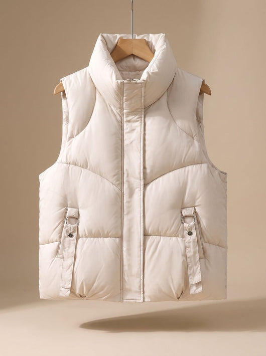 Nora | Gewatteerde dames bodywarmer met hoge opstaande kraag en sierbandjes