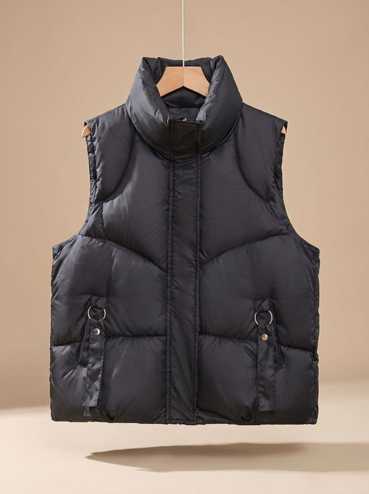 Nora | Gewatteerde dames bodywarmer met hoge opstaande kraag en sierbandjes