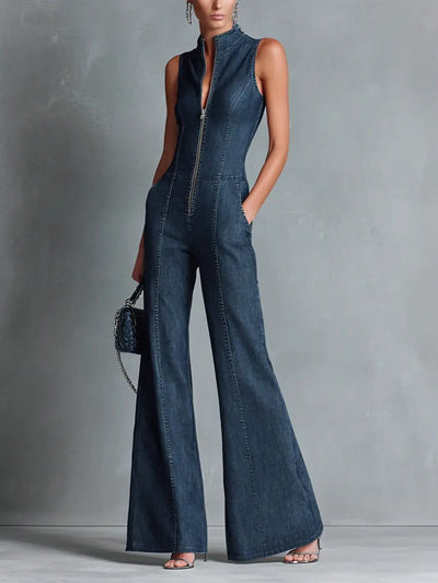 Greta | Dames stretch denim jumpsuit met wijd uitlopende pijpen en rits