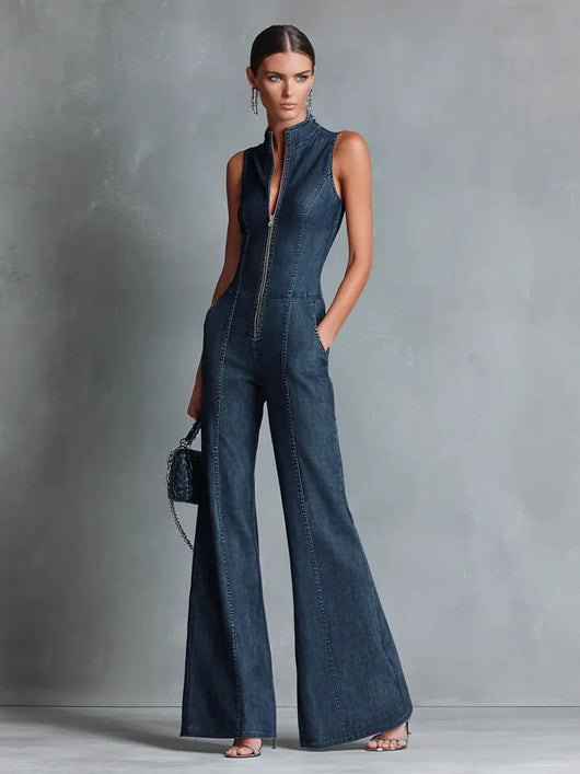 Greta | Dames stretch denim jumpsuit met wijd uitlopende pijpen en rits