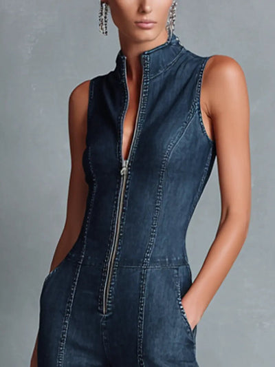 Greta | Dames stretch denim jumpsuit met wijd uitlopende pijpen en rits
