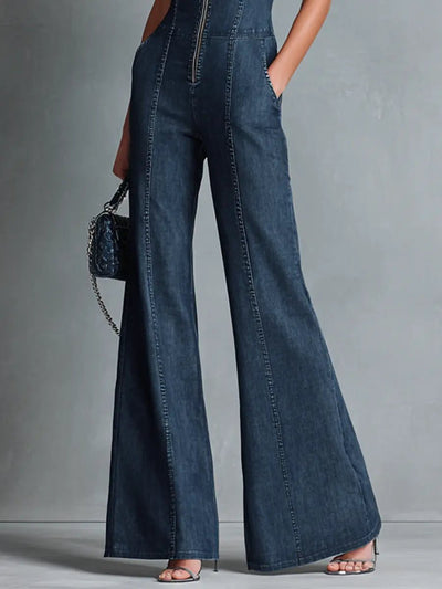 Greta | Dames stretch denim jumpsuit met wijd uitlopende pijpen en rits