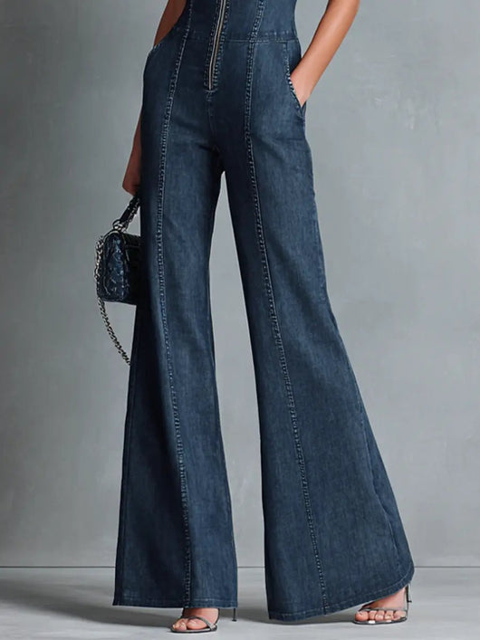 Greta | Dames stretch denim jumpsuit met wijd uitlopende pijpen en rits