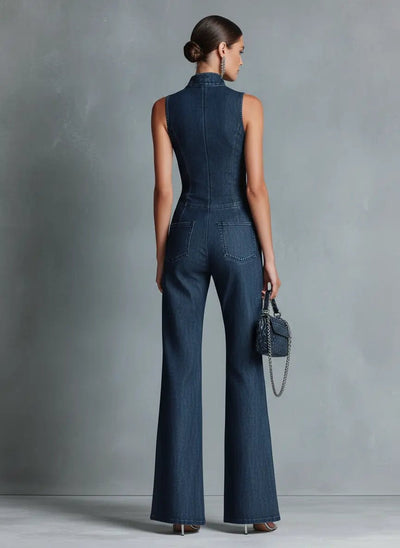 Greta | Dames stretch denim jumpsuit met wijd uitlopende pijpen en rits