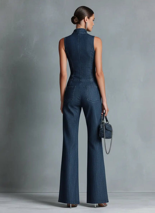 Greta | Dames stretch denim jumpsuit met wijd uitlopende pijpen en rits
