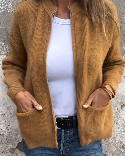 Clara | Dames gebreid vest met rits, losse pasvorm en voorzakken