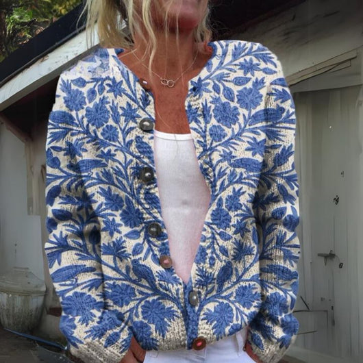 Hannah | Dames gebreid vest met bloemendessin en knoopsluiting