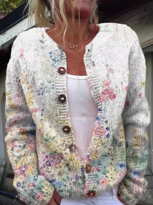 Hannah | Dames gebreid vest met bloemendessin en knoopsluiting