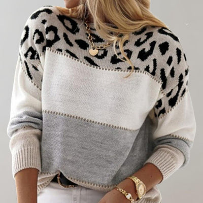 Sophie | Dames gebreide trui met luipaardprint, colourblock en ronde hals