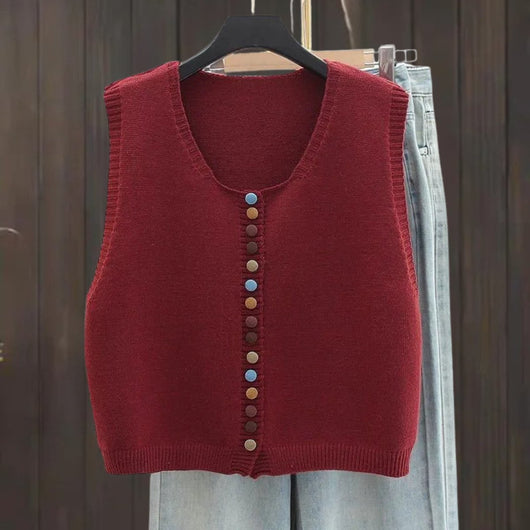 Amelie | Mouwloos dames gebreid vest met kleurrijke knopen