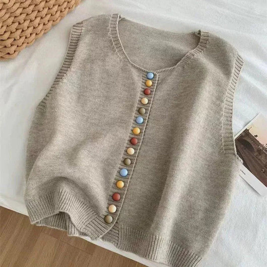 Amelie | Mouwloos dames gebreid vest met kleurrijke knopen