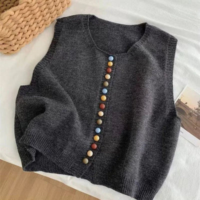 Amelie | Mouwloos dames gebreid vest met kleurrijke knopen
