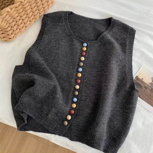 Amelie | Mouwloos dames gebreid vest met kleurrijke knopen