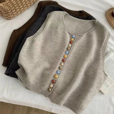 Amelie | Mouwloos dames gebreid vest met kleurrijke knopen