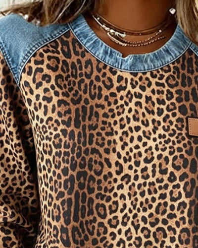 Charlotte | Dames sweater met luipaardprint en denim patchworkdetails