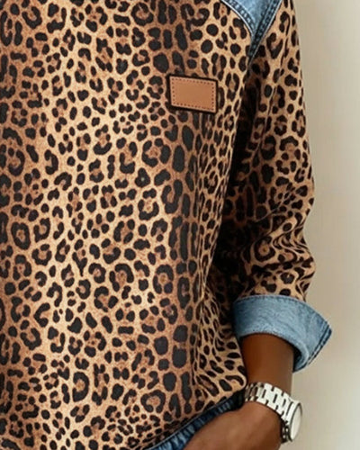 Charlotte | Dames sweater met luipaardprint en denim patchworkdetails