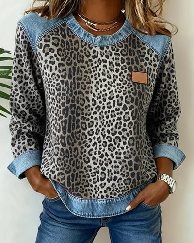 Charlotte | Dames sweater met luipaardprint en denim patchworkdetails