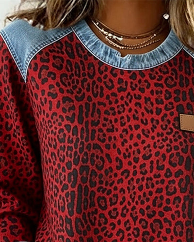 Charlotte | Dames sweater met luipaardprint en denim patchworkdetails