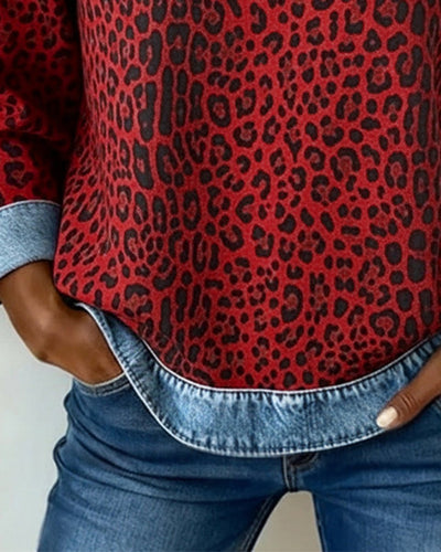 Charlotte | Dames sweater met luipaardprint en denim patchworkdetails