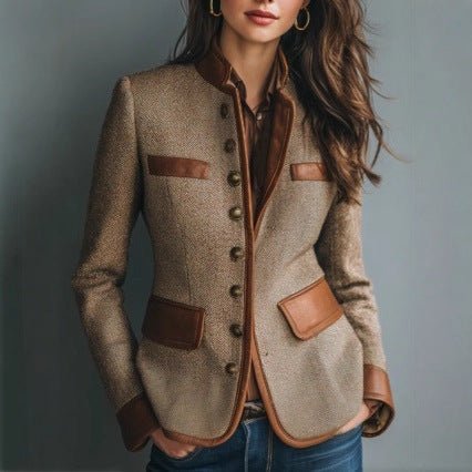 Marlene | Dames getailleerde tweed blazer met kunstleren bies en knoopsluiting