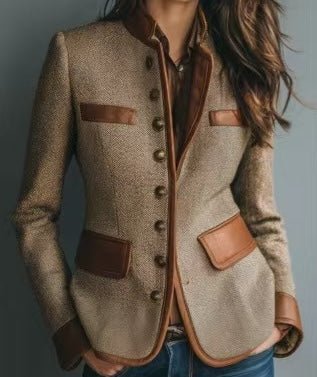 Marlene | Dames getailleerde tweed blazer met kunstleren bies en knoopsluiting