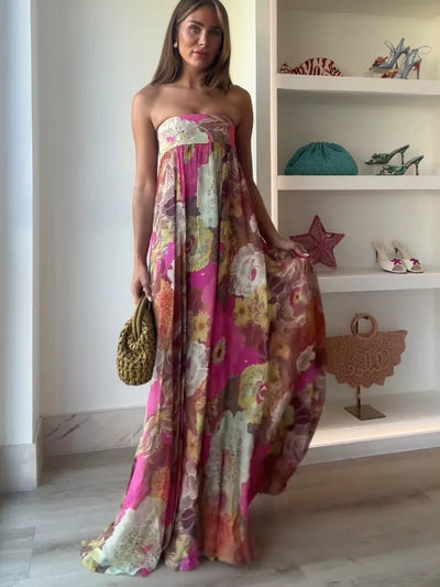 Johanna | Strapless dames maxijurk met bloemenmotief voor bruiloftsgasten
