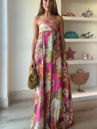Johanna | Strapless dames maxijurk met bloemenmotief voor bruiloftsgasten