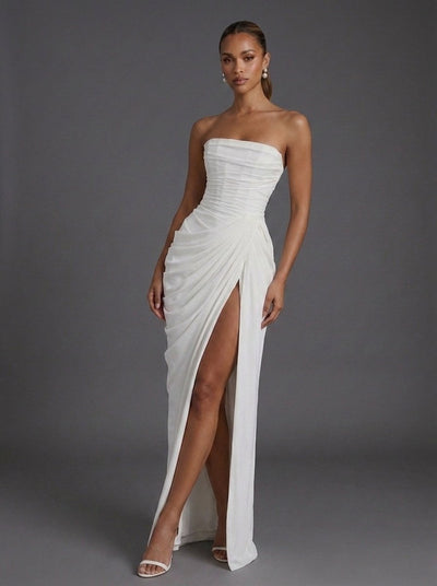 Annika | Strapless dames maxijurk met korsetlijfje en drapering voor bruiloftsgasten