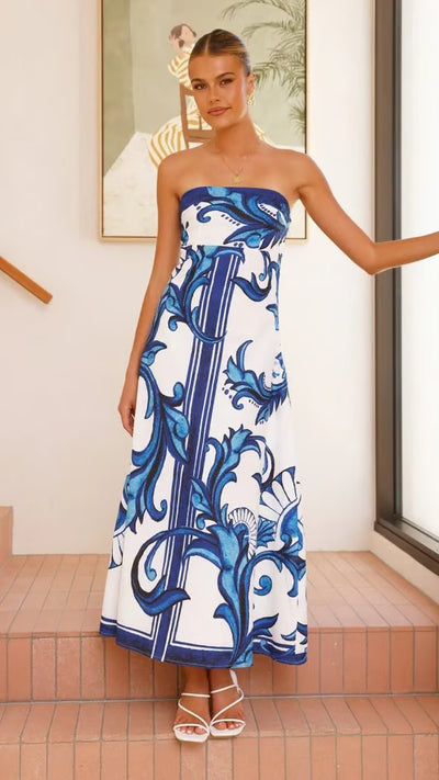 Hannah | Dames strapless maxijurk met vintageprint
