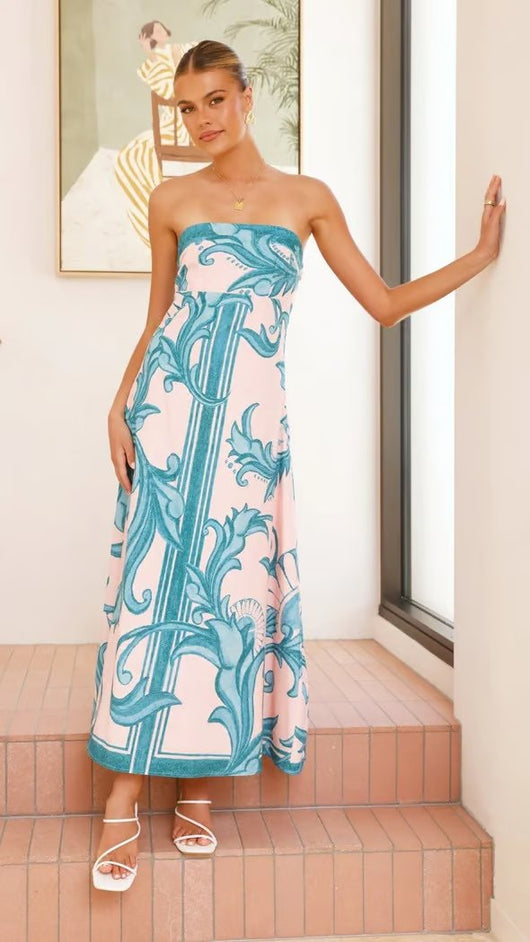 Hannah | Dames strapless maxijurk met vintageprint