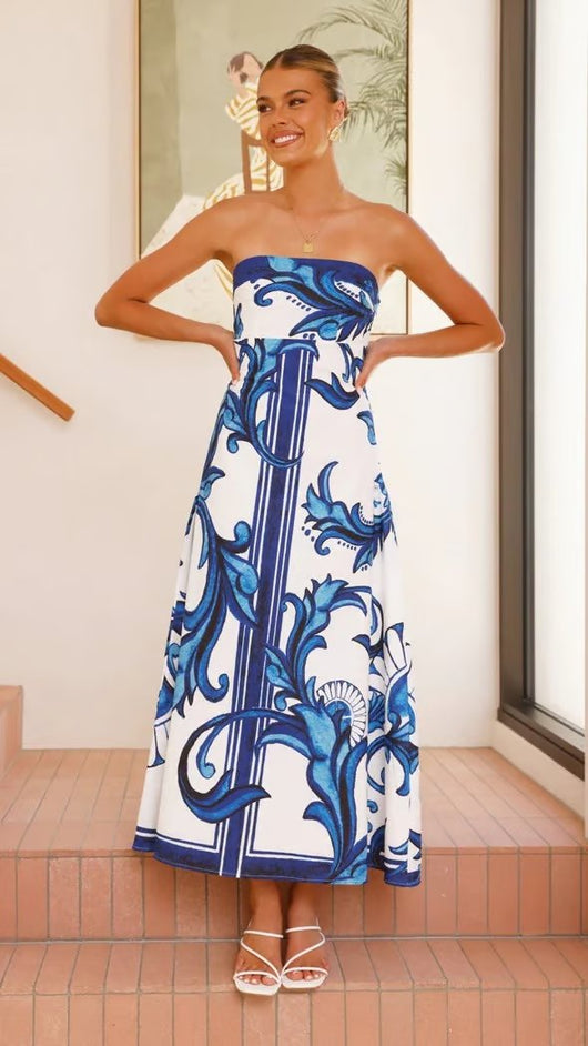 Hannah | Dames strapless maxijurk met vintageprint