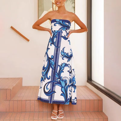 Hannah | Dames strapless maxijurk met vintageprint