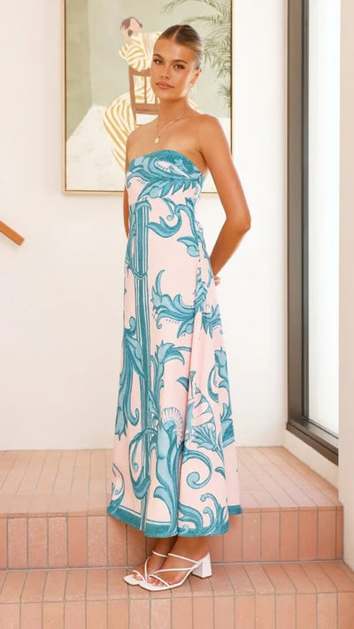 Hannah | Dames strapless maxijurk met vintageprint