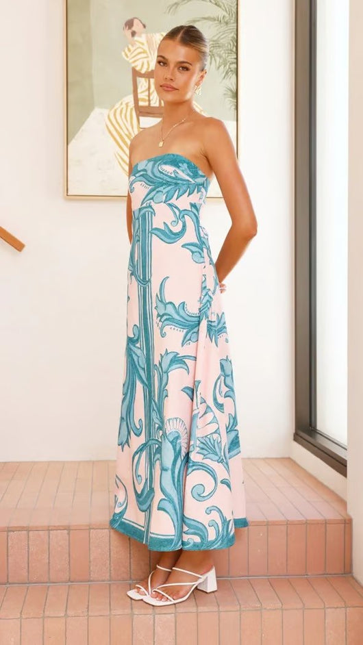 Hannah | Dames strapless maxijurk met vintageprint