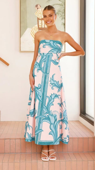 Hannah | Dames strapless maxijurk met vintageprint