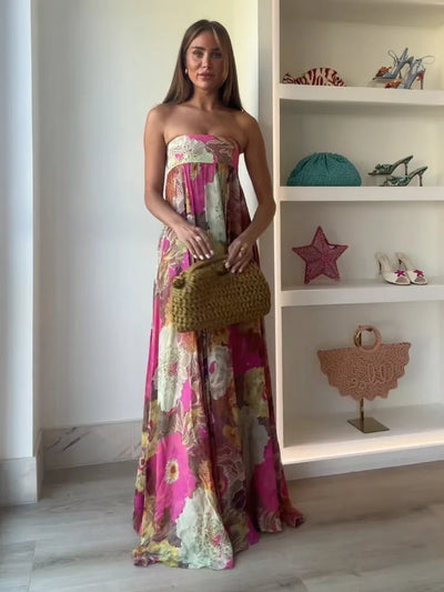 Clara | Strapless dames maxijurk met bloemenprint voor bruiloftsgasten
