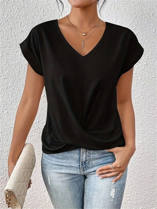 Sophie | Dames shirt met V-hals, korte mouwen en twistdetail