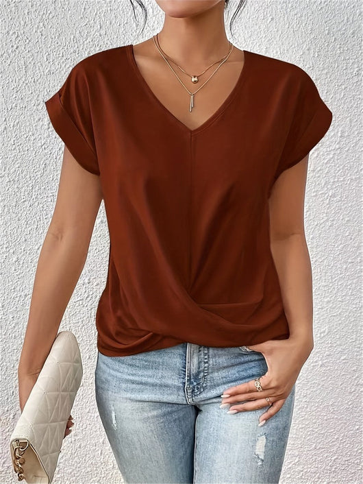 Sophie | Dames shirt met V-hals, korte mouwen en twistdetail